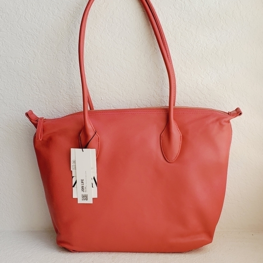 NWT ZARA Strawberry Red 100% Leather Tote Bag